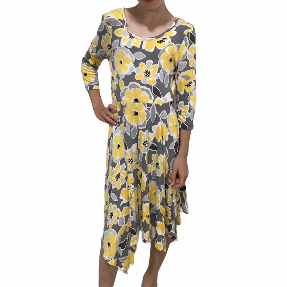 GYMBOREE Maxi Dress Size 6 A-Symmetrical Yellow Gray Floral 3/4 Sleeve